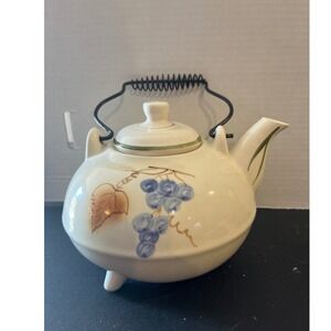 Vintage Ceramic Fruit Teapot with Metal Wire Handle Grapes Pears Farmhouse Decor